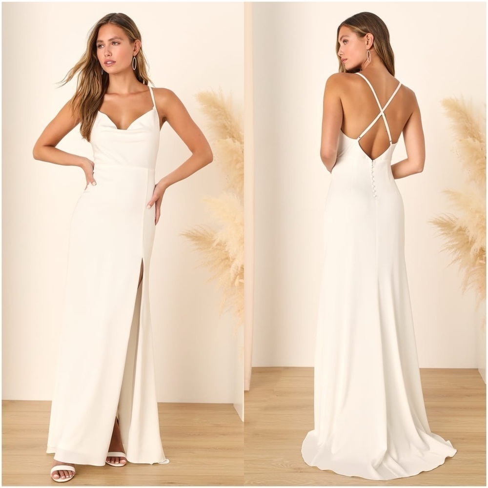 LULU’S Destined Romance White Satin Cowl Neck Backless Maxi Dress